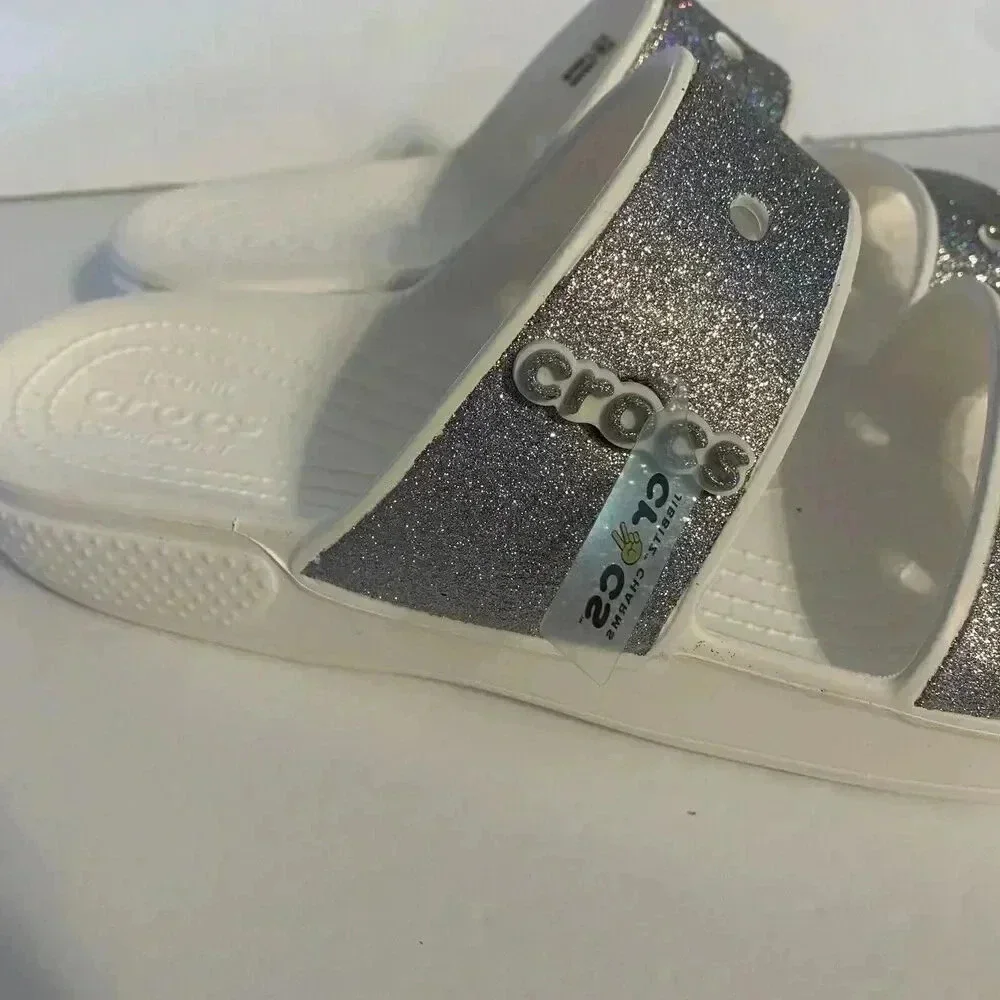 Crocs Classic Two Strap White Silver‎ Glitter Slide Sandals Shoes Men’s Size 12
